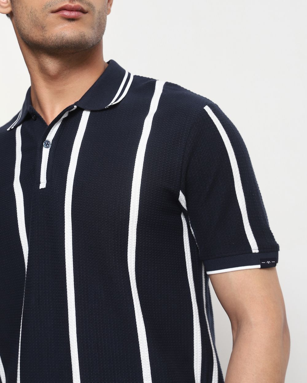 Navy Textured Stripe Slim Fit T-Shirt - Image 2