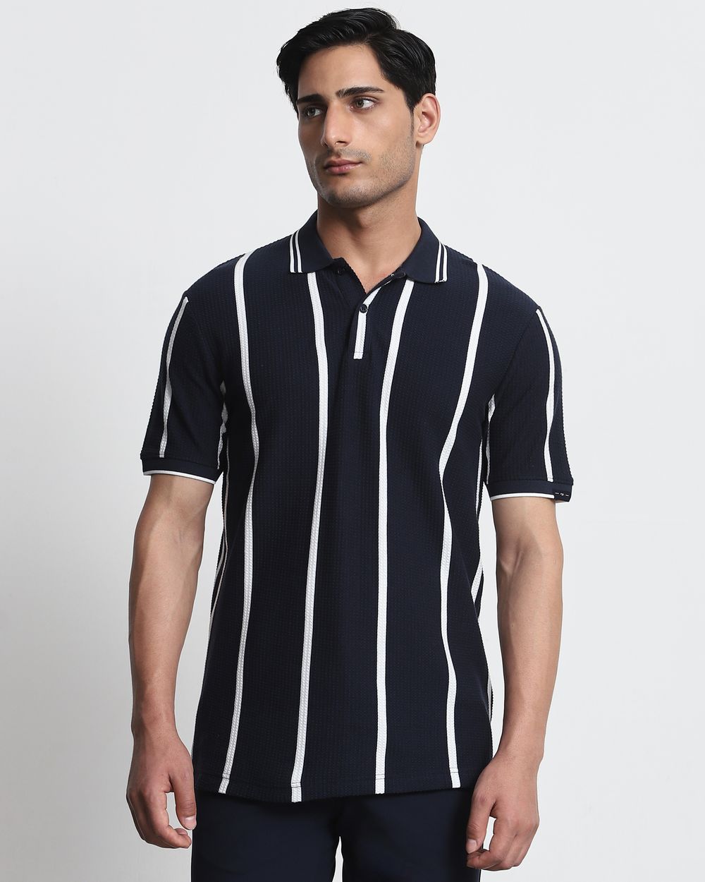 Navy Textured Stripe Slim Fit T-Shirt - Image 3