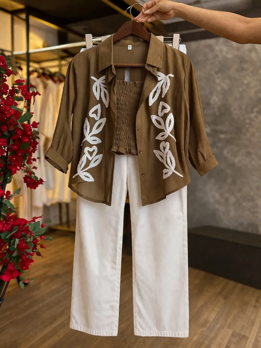 Girls 3-Piece Co-Ord Set – Embroidered Shirt with Crop Top & Pants