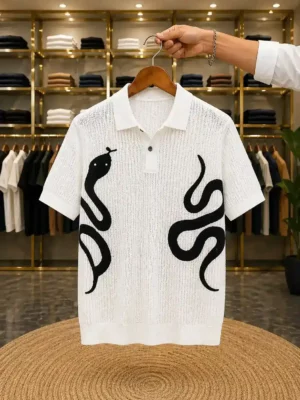 Men’s Designer Knit Polo – Premium Textured T-Shirt with Statement Print