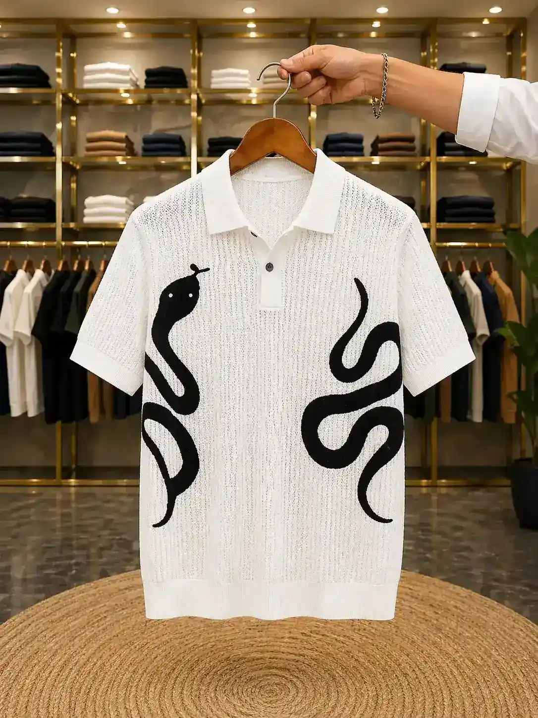 Men’s Designer Knit Polo – Premium Textured T-Shirt with Statement Print