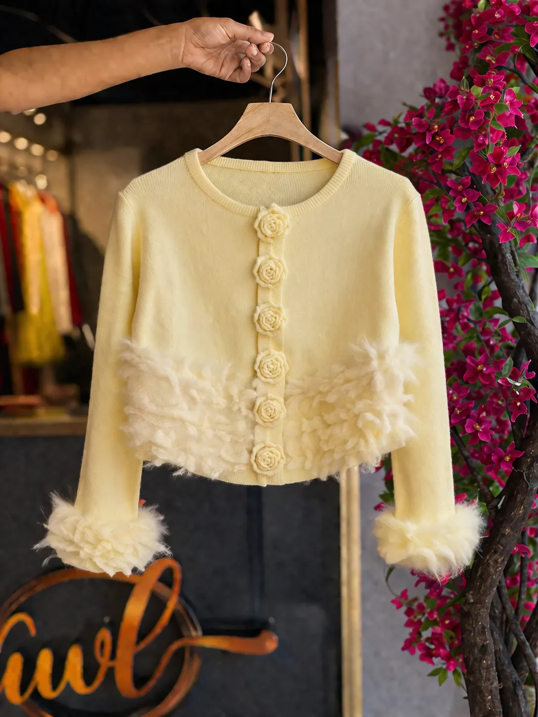 Girls Premium Fur Crop Top – Rose Button Designer Winter Top - Image 2