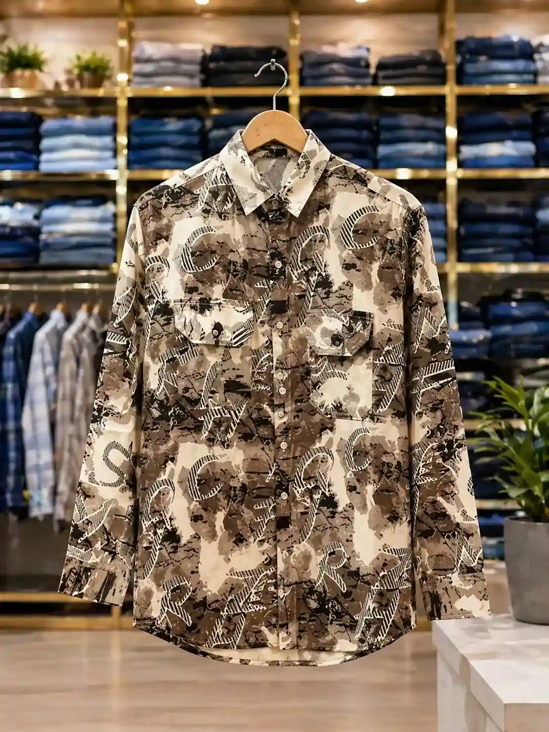 Men’s Tie-Dye Printed Shirt – Black & Beige Designer Full Sleeve Shirt - Image 2