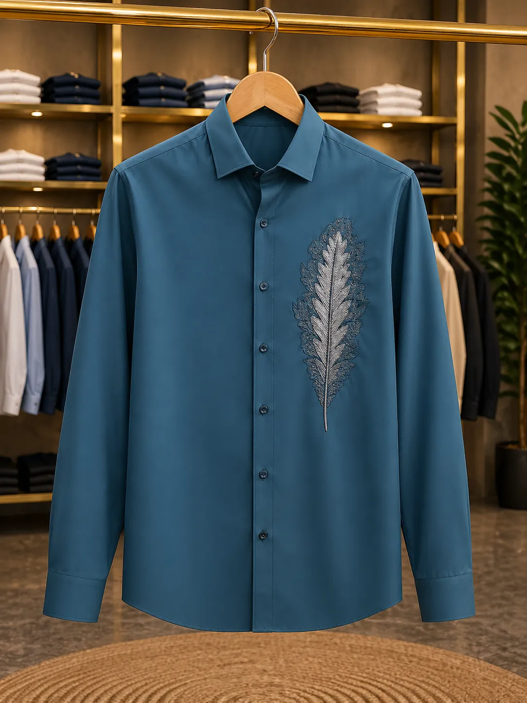 Men’s Classy Feather Texture Shirt – Black Designer Full Sleeve - Image 2