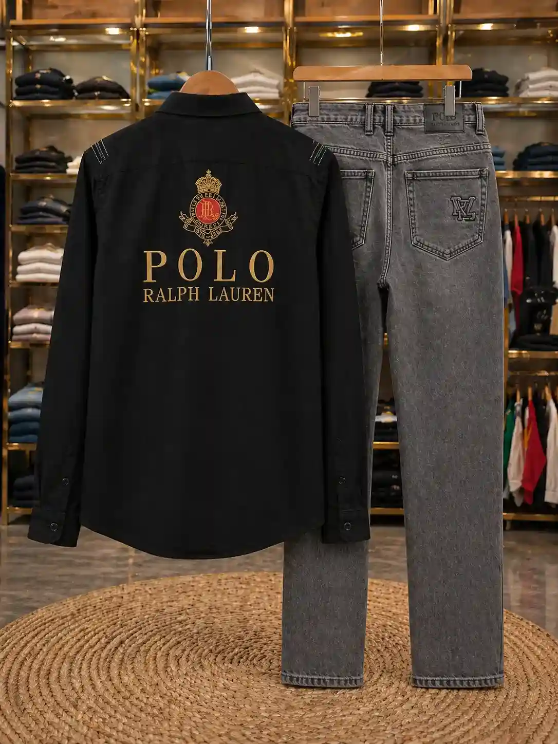 Men’s Modern Logo Print Shirt Set – Black Shirt with Grey Denim Jeans - Image 2