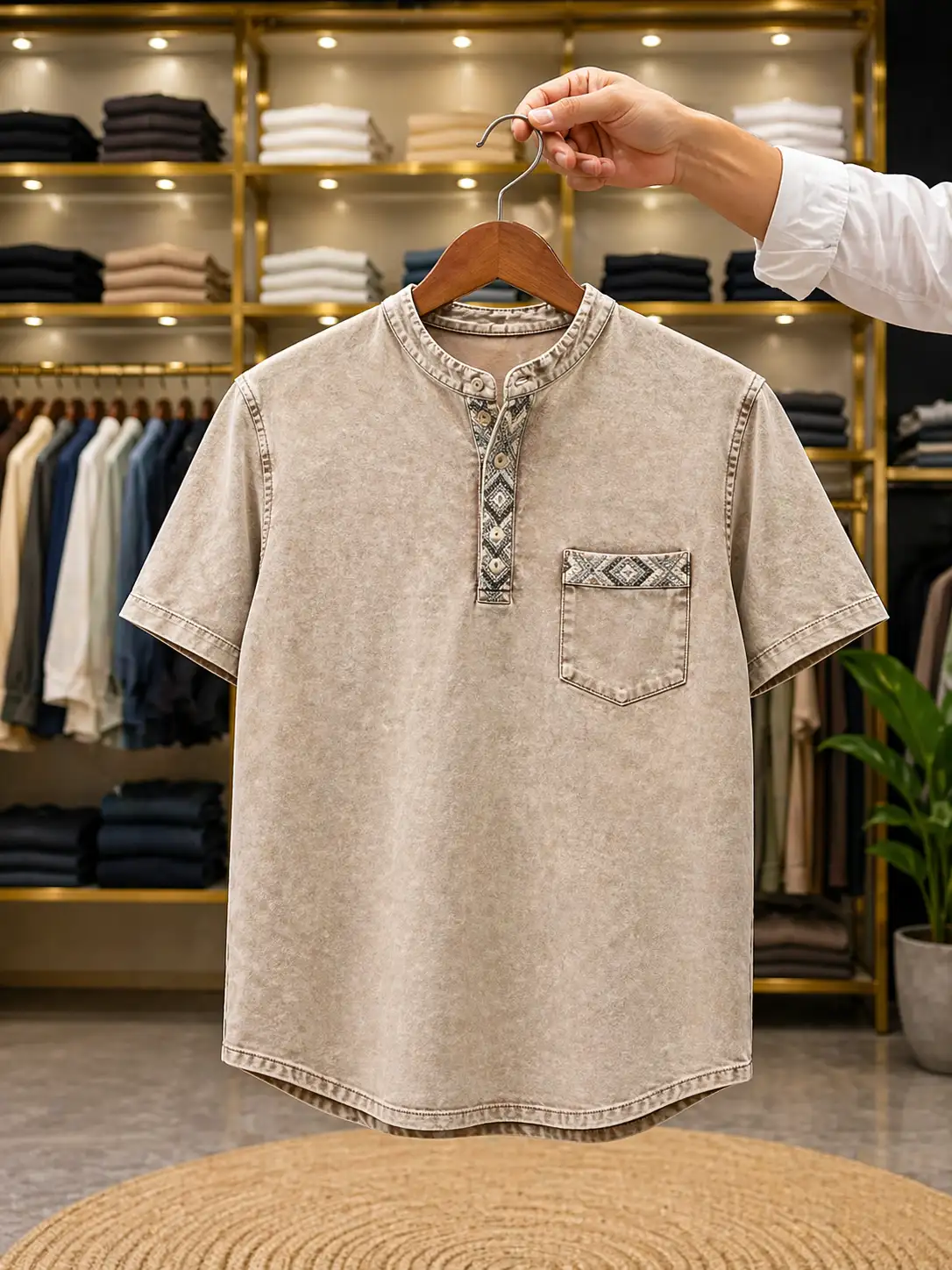 Men’s Slim Fit Dark Grey Printed T-Shirt – Button Neck Style - Image 2