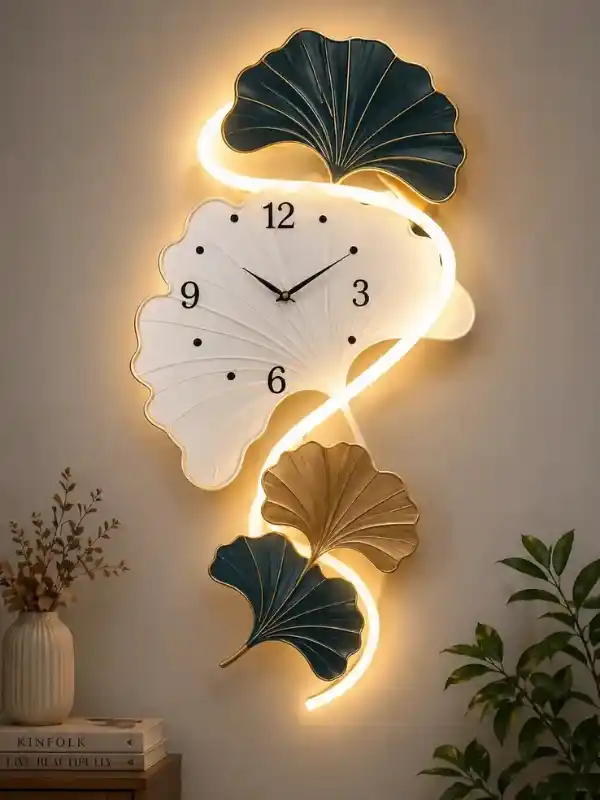 Premium LED Wall Clock with Decorative Leaf Design – Modern Lighted Wall Decor