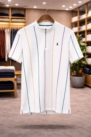 Men’s Premium White Stripe Polo T-Shirt – Modern Slim Fit Casual Wear