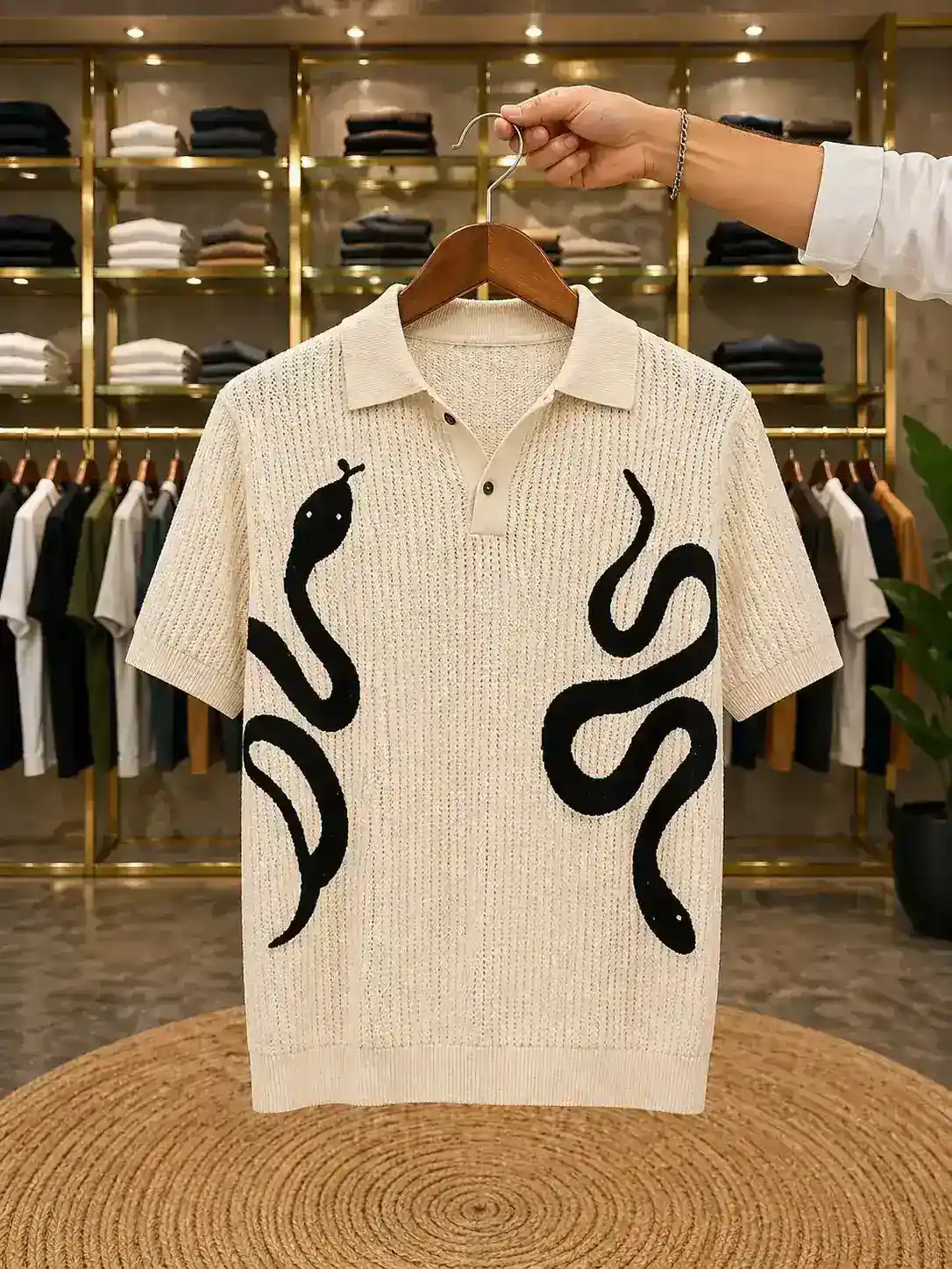 Men’s Designer Knit Polo – Premium Textured T-Shirt with Statement Print - Image 2