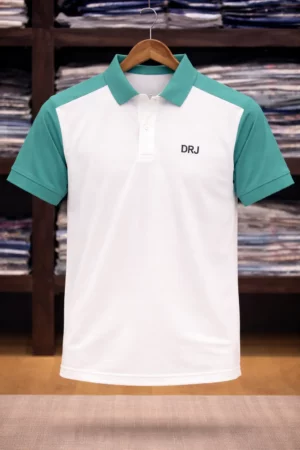 Men’s Premium Polo T-Shirt – White & Green Stylish Collar T-Shirt