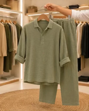 Men’s Premium Olive Co-Ord Set – Polo Collar Top with Matching Pants