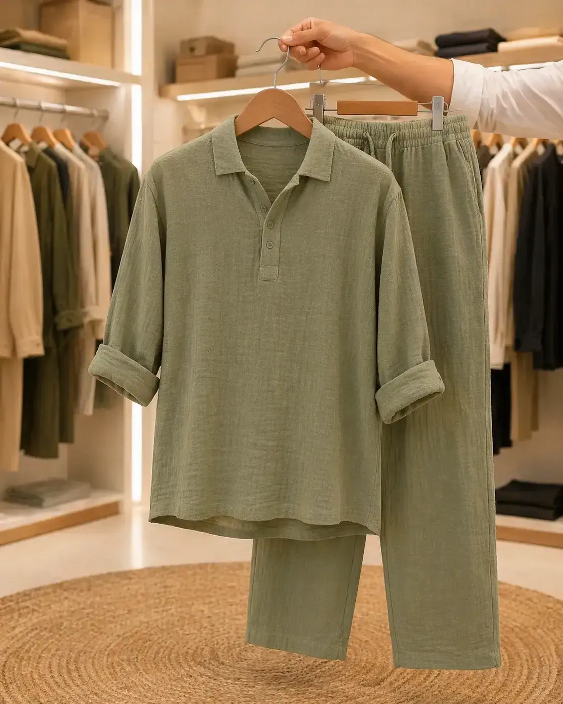 Men’s Premium Olive Co-Ord Set – Polo Collar Top with Matching Pants