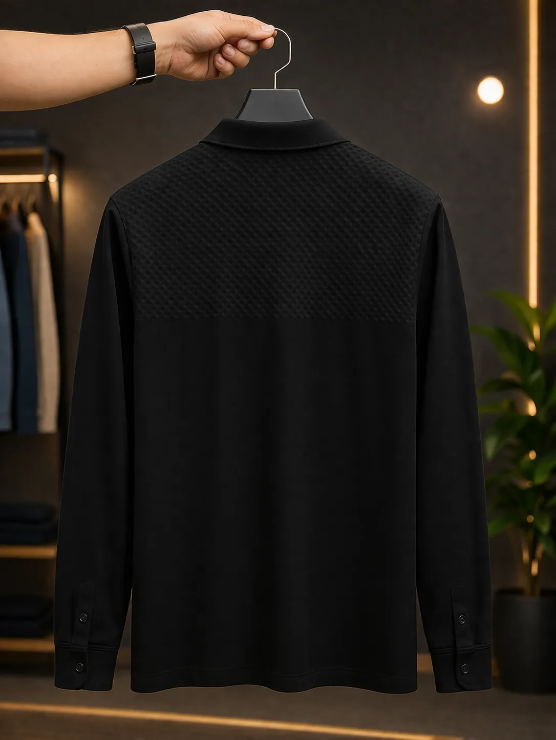 Men’s Designer Black Polo T-Shirt – Full Sleeve Textured Premium Wear - Image 2