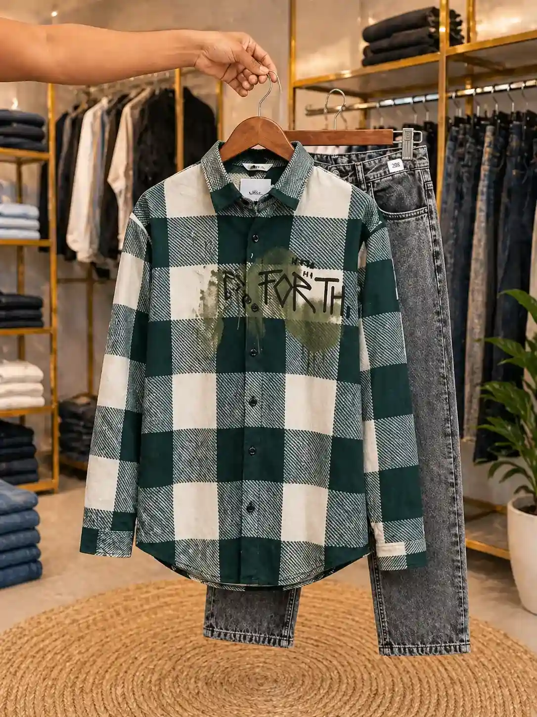 Men’s Trendy Plaid Shirt & Jeans Set – Green White Check Shirt with Grey Denim