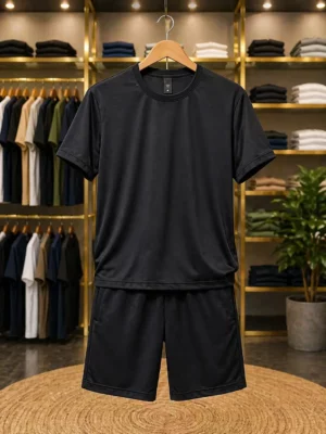 Men’s Classic Solid Co-Ord Set – Black Half Sleeve T-Shirt & Shorts Combo
