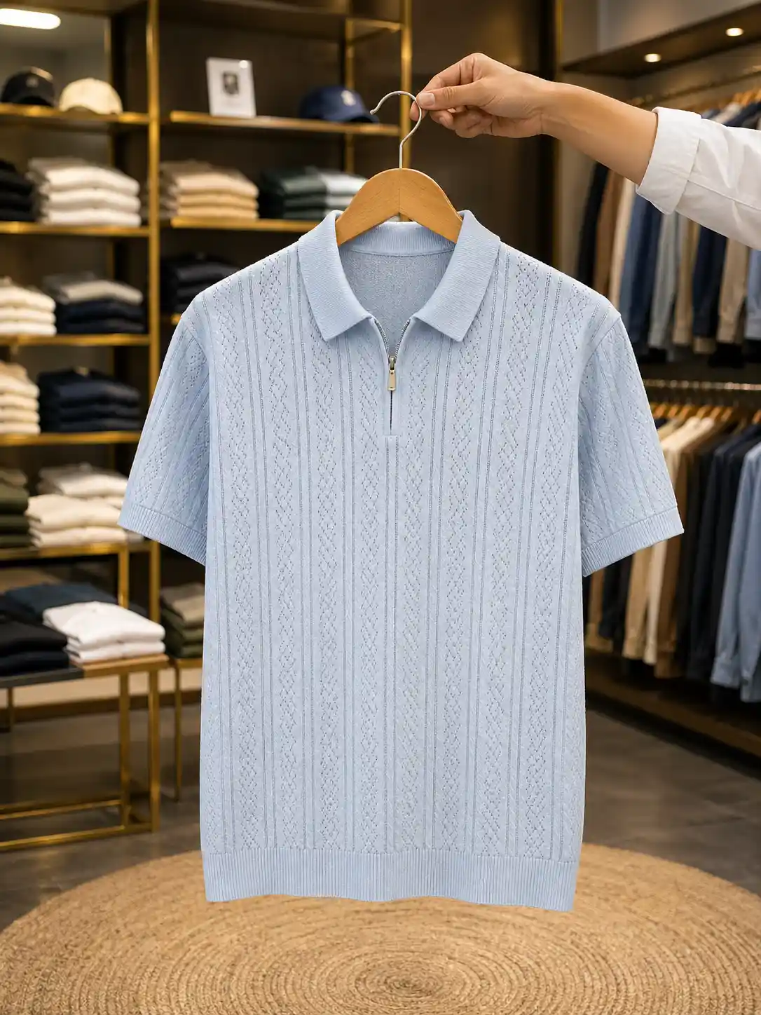 Men’s Classic Textured Polo T-Shirt – Light Blue Half Sleeve Fit