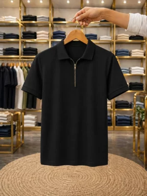 Men’s Comfort Fit Solid Polo T-Shirt – Black Half Sleeve Zip Neck