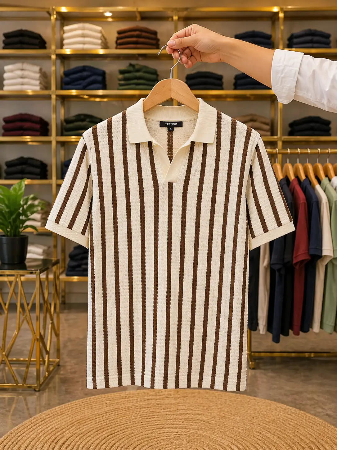 Men’s Premium Vertical Striped Polo T-Shirt – Cream & Brown Half Sleeve Tee - Image 2