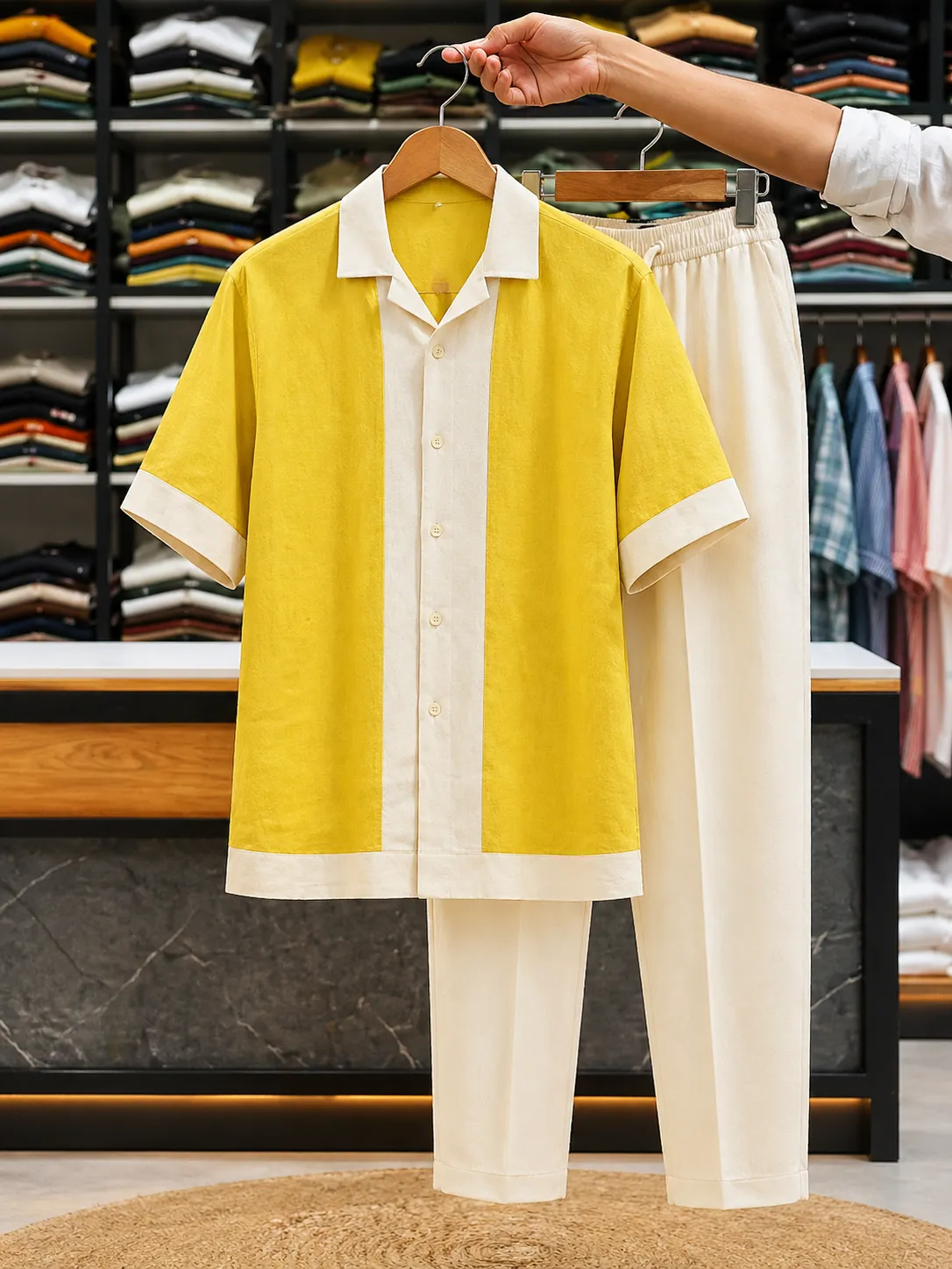 Men’s Rust Contrast Shirt with Cream Trouser Set - Image 2