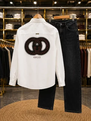 Men’s Designer Printed Shirt  and Black Denim Jeans – Modern Stylish Combo Set
