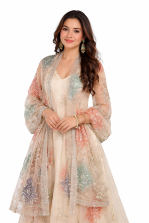 Women’s Embroidered Anarkali Suit Set – Sheer Dupatta with Floral Detailing