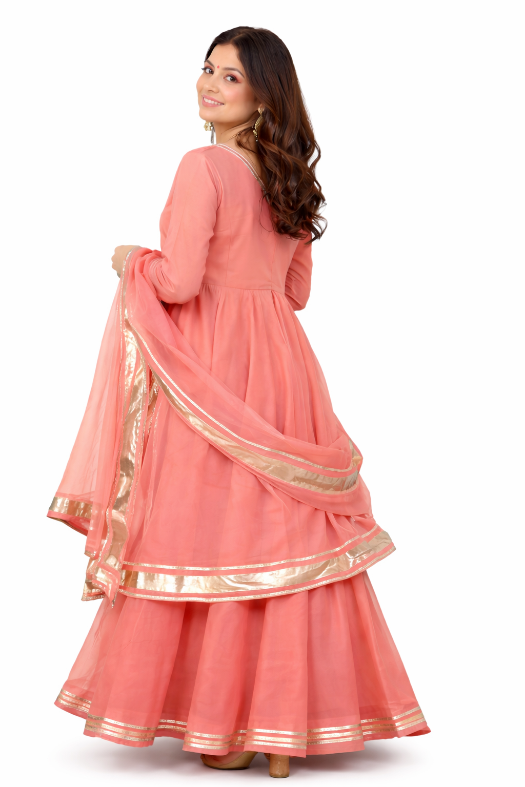Women’s Peach Anarkali Suit Set – Classic Flare with Elegant Dupatta - Image 3