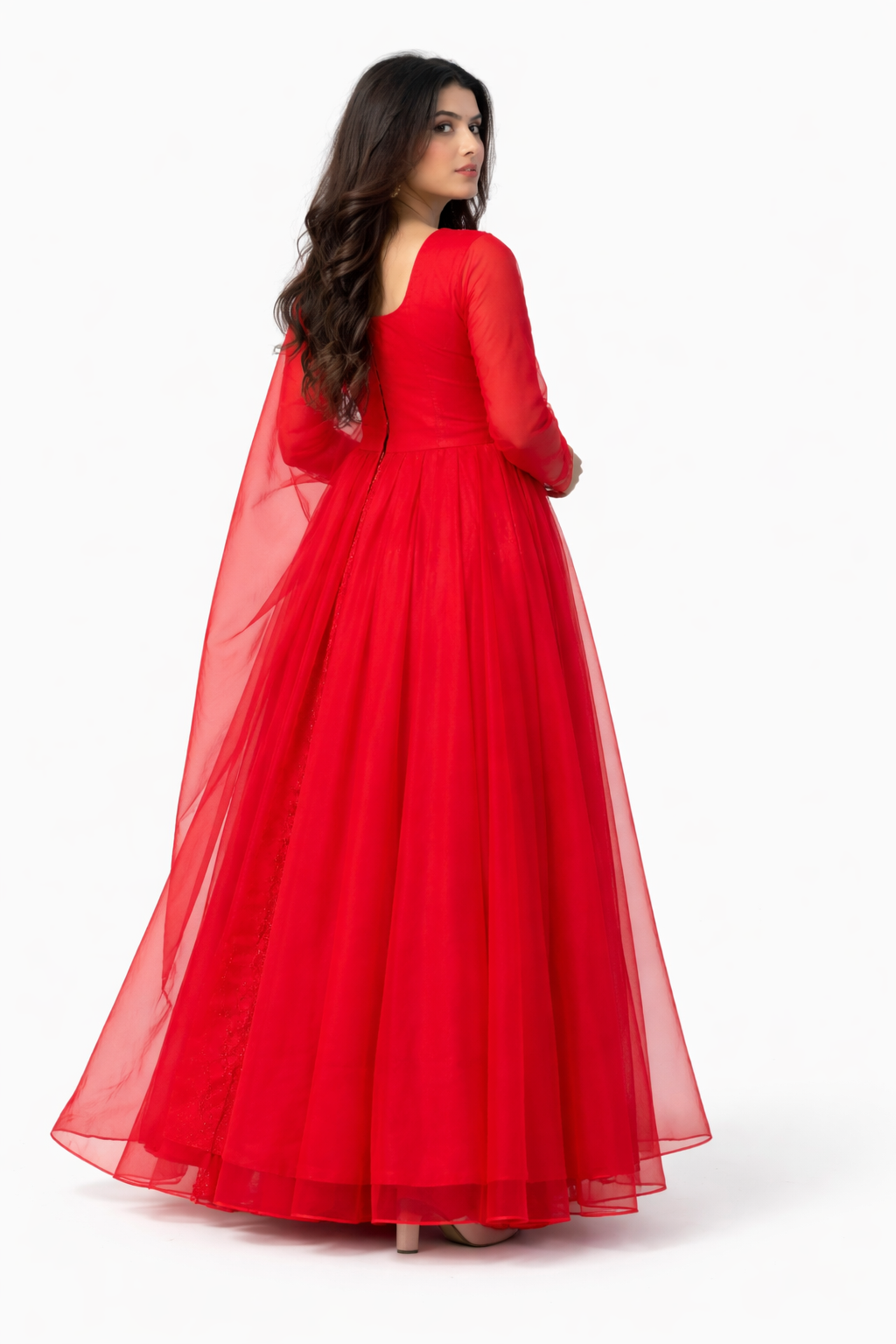 Women’s Red Anarkali Gown – Sheer Layered Elegance with Statement Dupatta - Image 2