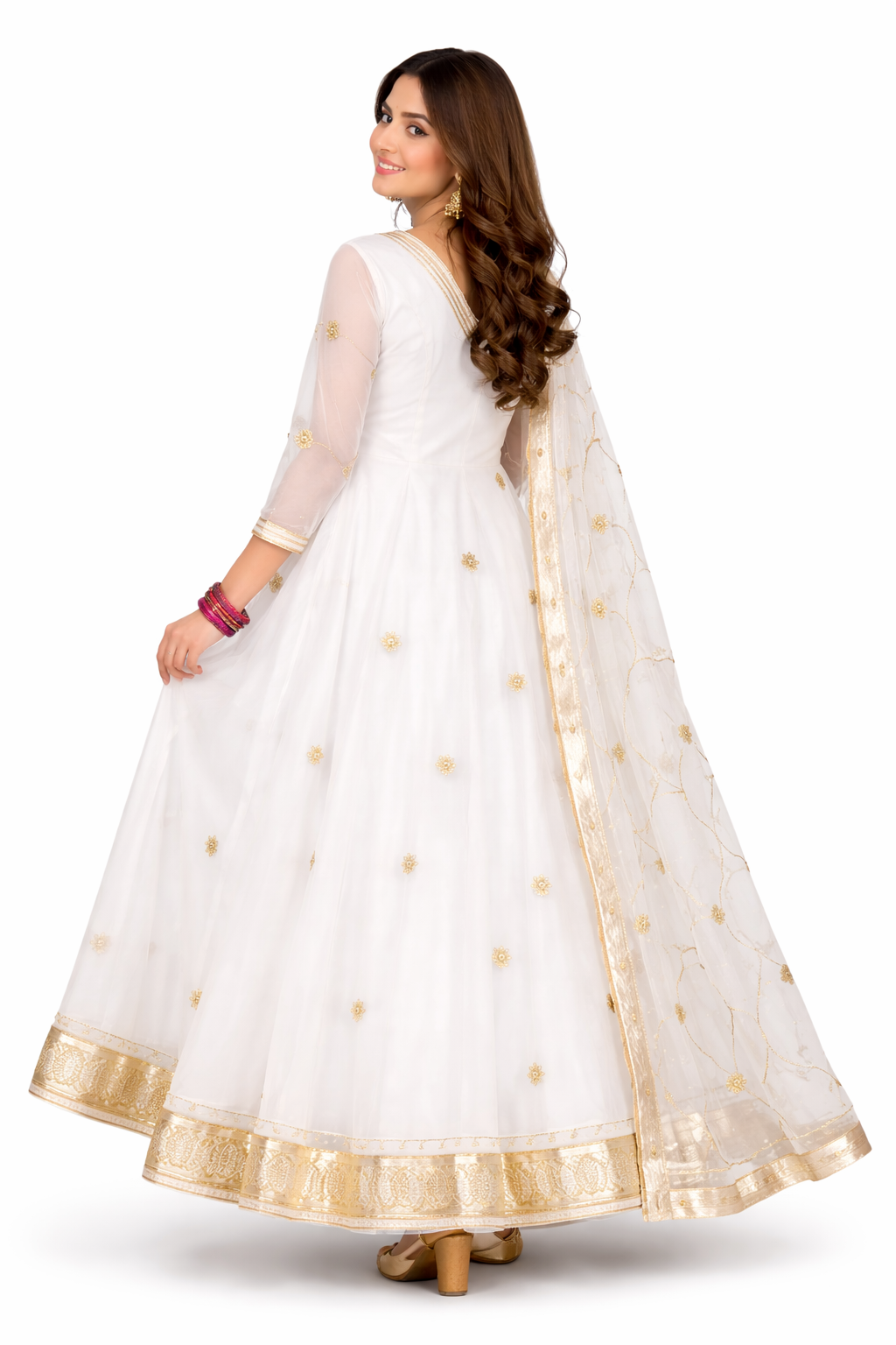 Women’s White Anarkali Suit Set – Gold Embroidered Elegance with Sheer Dupatta - Image 2