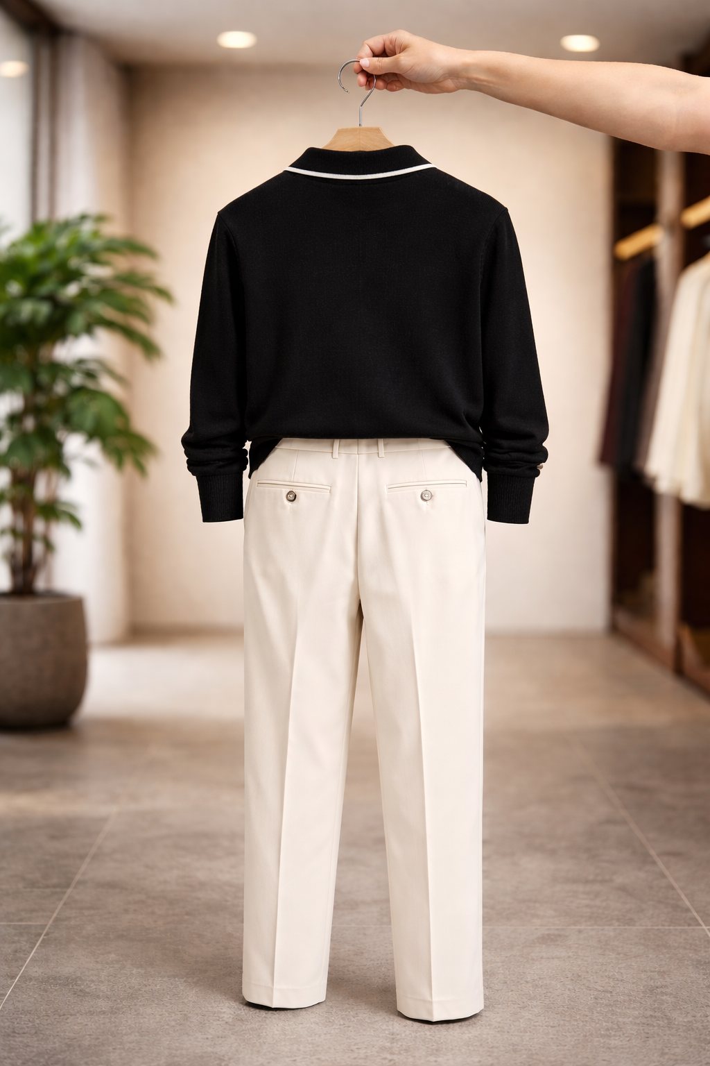 Men’s Premium Smart Casual Outfit – Black Knit Polo & Beige Trouser Look - Image 2