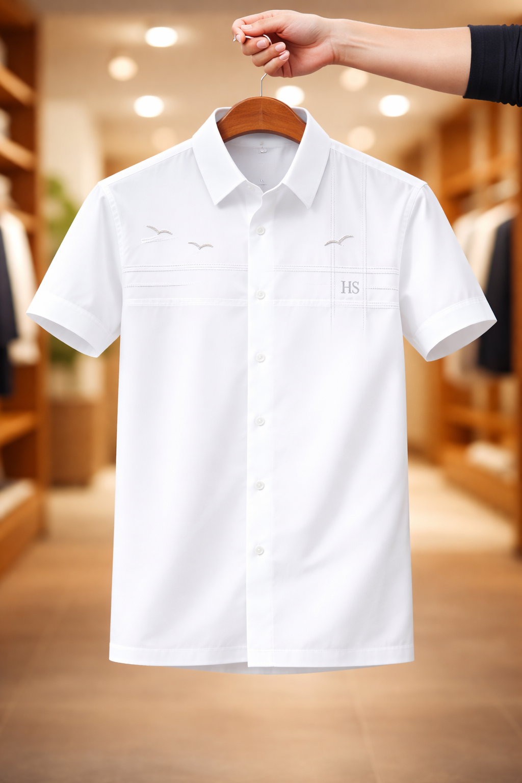 Men’s Navy Blue Casual Button Shirt – Minimal Bird Embroidery - Image 2