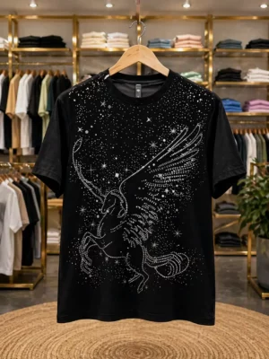 Men’s Trendy Galaxy Wing Printed T-Shirt – Black Sparkle Half Sleeve Tee
