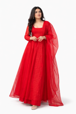 Women’s Red Anarkali Gown – Sheer Layered Elegance with Statement Dupatta