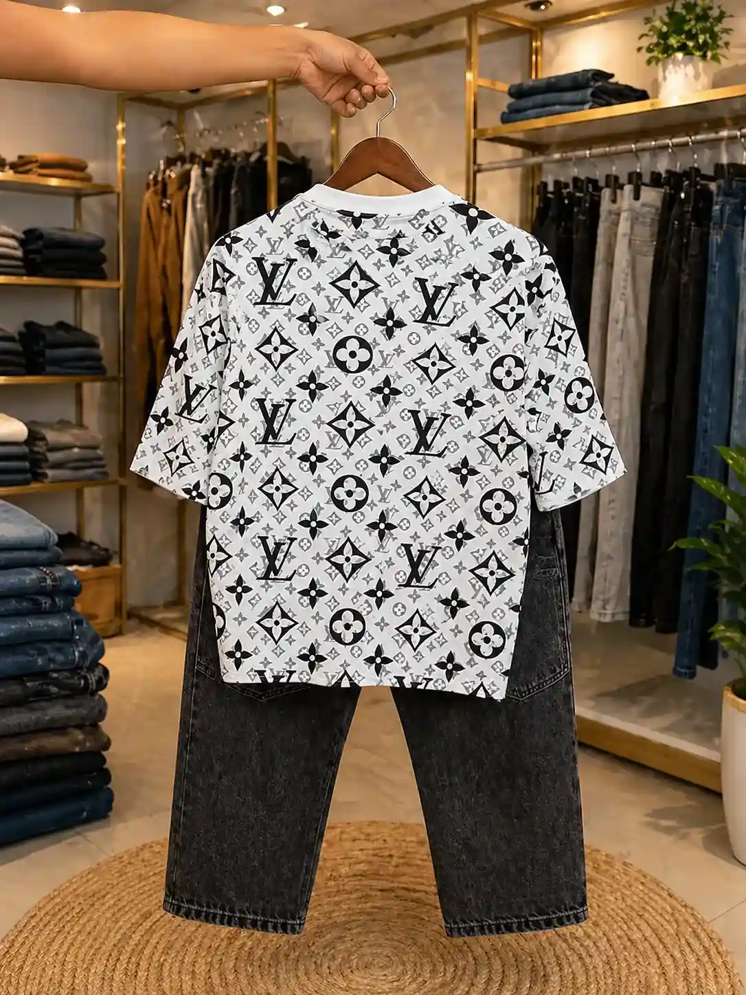 Men’s Trendy Monogram Printed Combo – White Graphic T-Shirt with Denim Jeans - Image 2