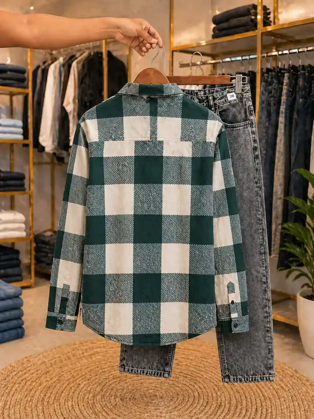 Men’s Trendy Plaid Shirt & Jeans Set – Green White Check Shirt with Grey Denim - Image 2