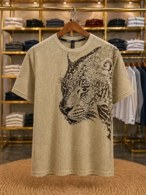 Men’s Premium Textured Knit T-Shirt – Beige Leopard Print Casual Wear Half Sleeve