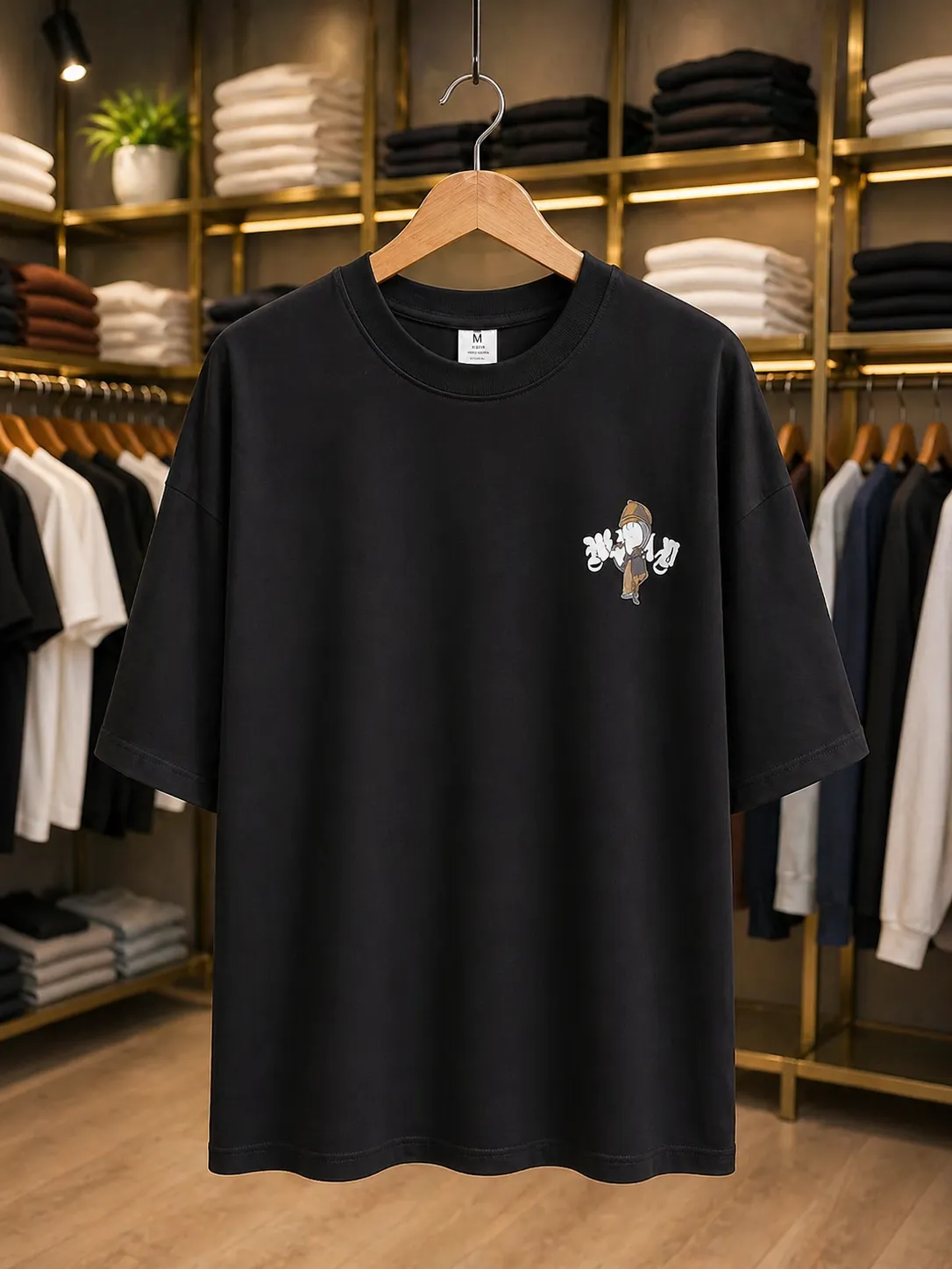 Men’s Oversized White T-Shirt – Minimal Cartoon Print - Image 2