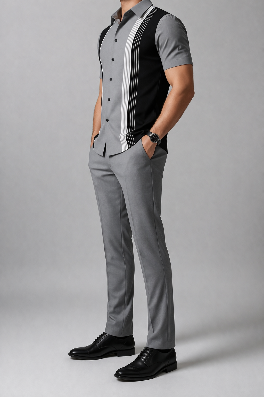 Men’s Two-Tone Casual Co-Ord Set – Modern Striped Shirt with Trousers - Image 2