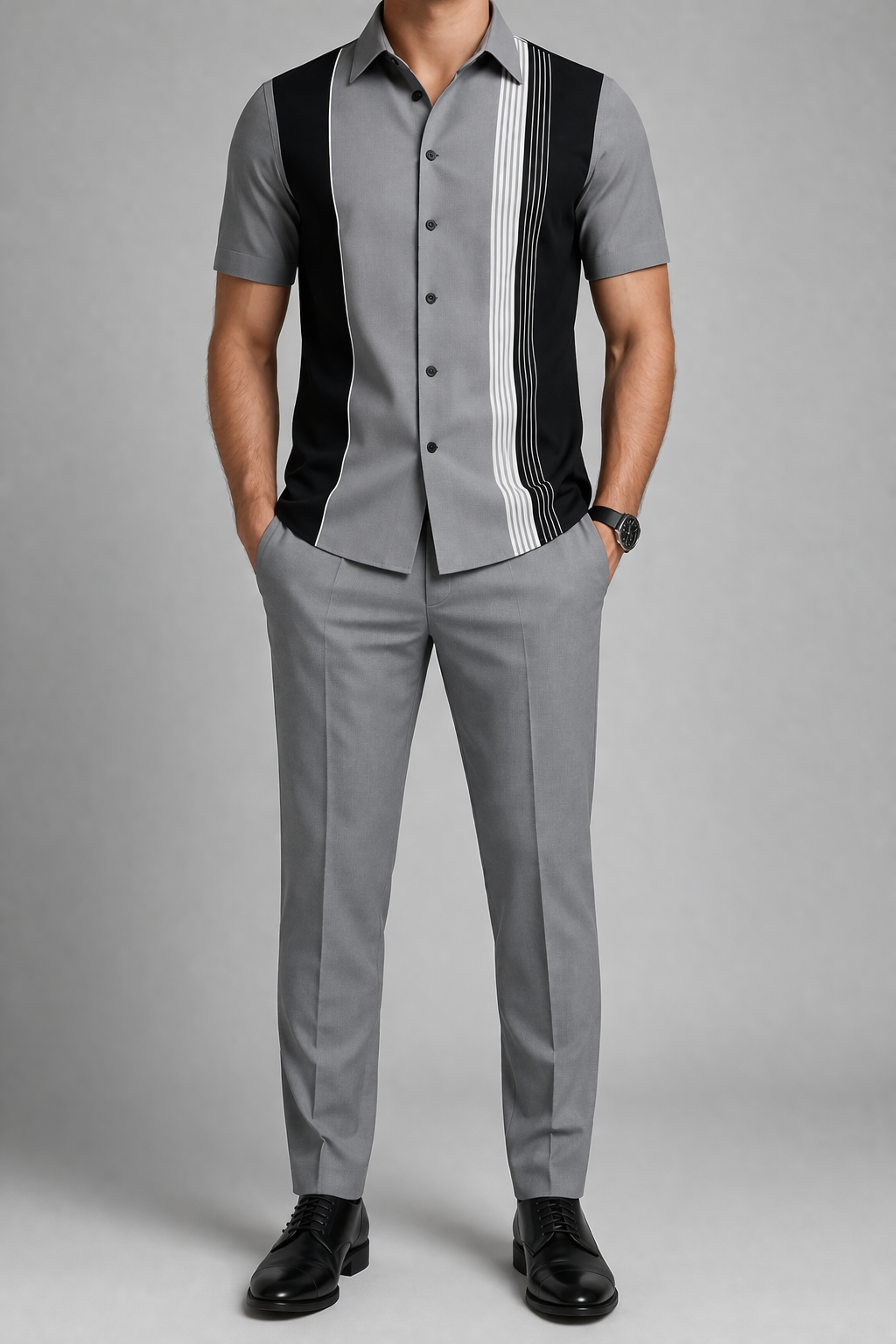 Men’s Two-Tone Casual Co-Ord Set – Modern Striped Shirt with Trousers