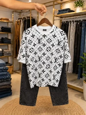 Men’s Trendy Monogram Printed Combo – White Graphic T-Shirt with Denim Jeans