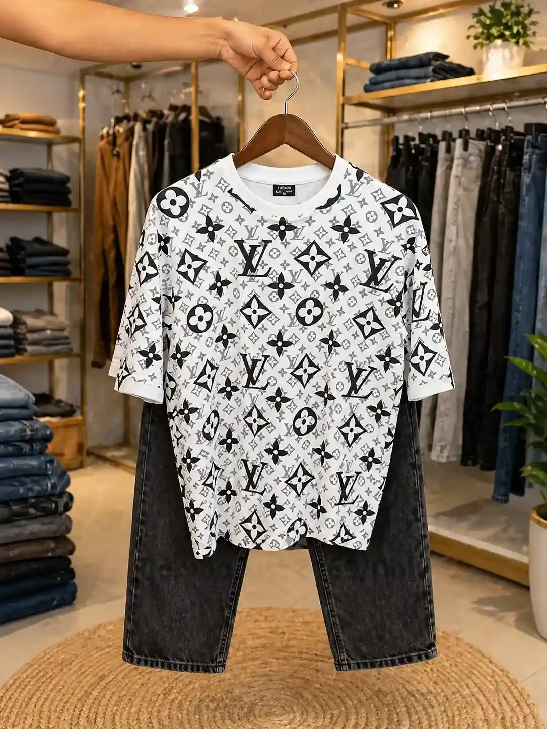 Men’s Trendy Monogram Printed Combo – White Graphic T-Shirt with Denim Jeans