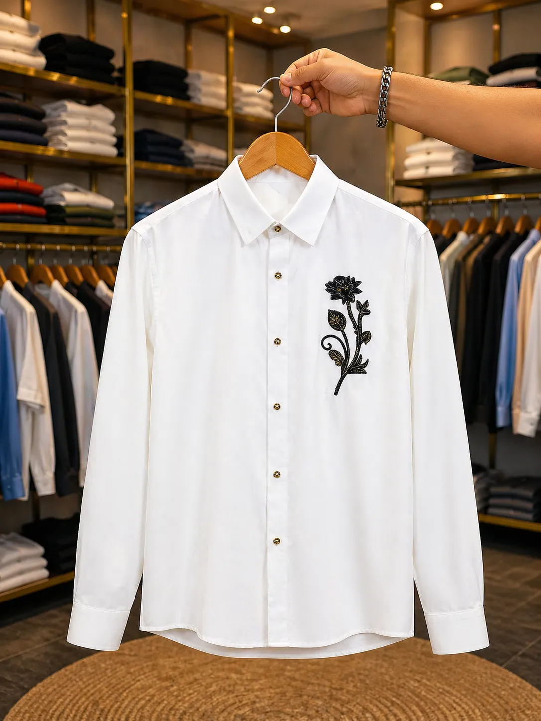 Men’s Elegant Floral Embroidered Shirt – Navy Blue Full Sleeve Premium Shirt - Image 2