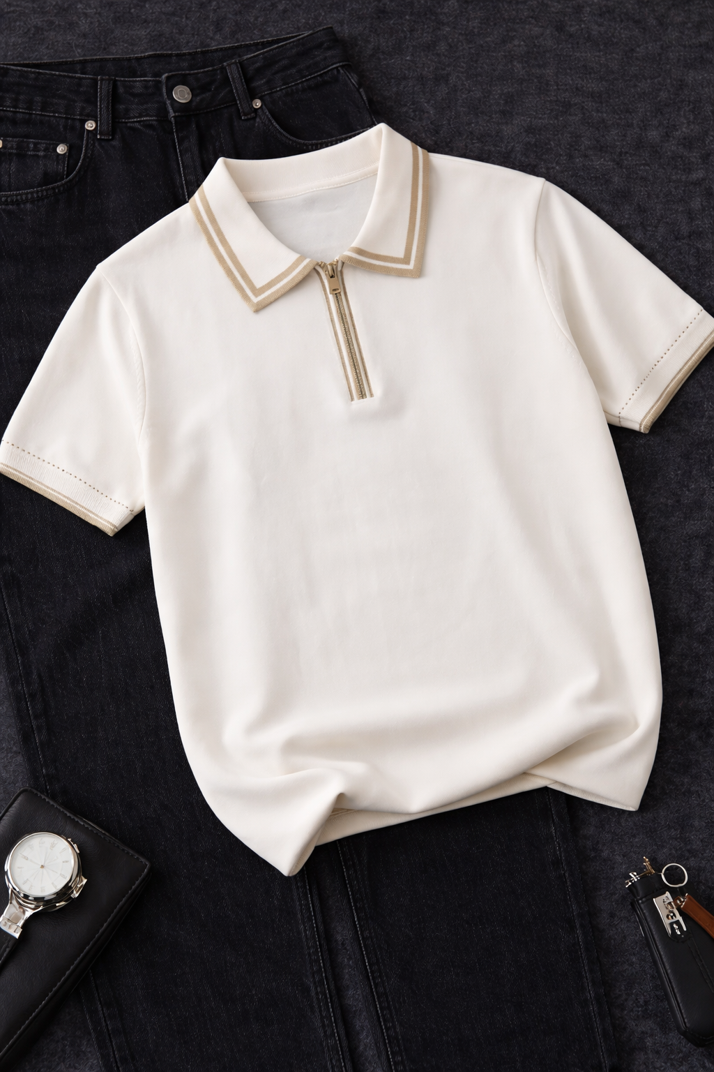 Men’s Black Polo T-Shirt & White Trousers Combo – Minimal Smart Casual Look - Image 2