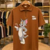 Men’s Trendy Cartoon Printed Polo T-Shirt – Brown Tom & Jerry Print Half Sleeve Tee