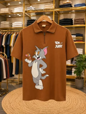 Men’s Trendy Cartoon Printed Polo T-Shirt – Brown Tom & Jerry Print Half Sleeve Tee
