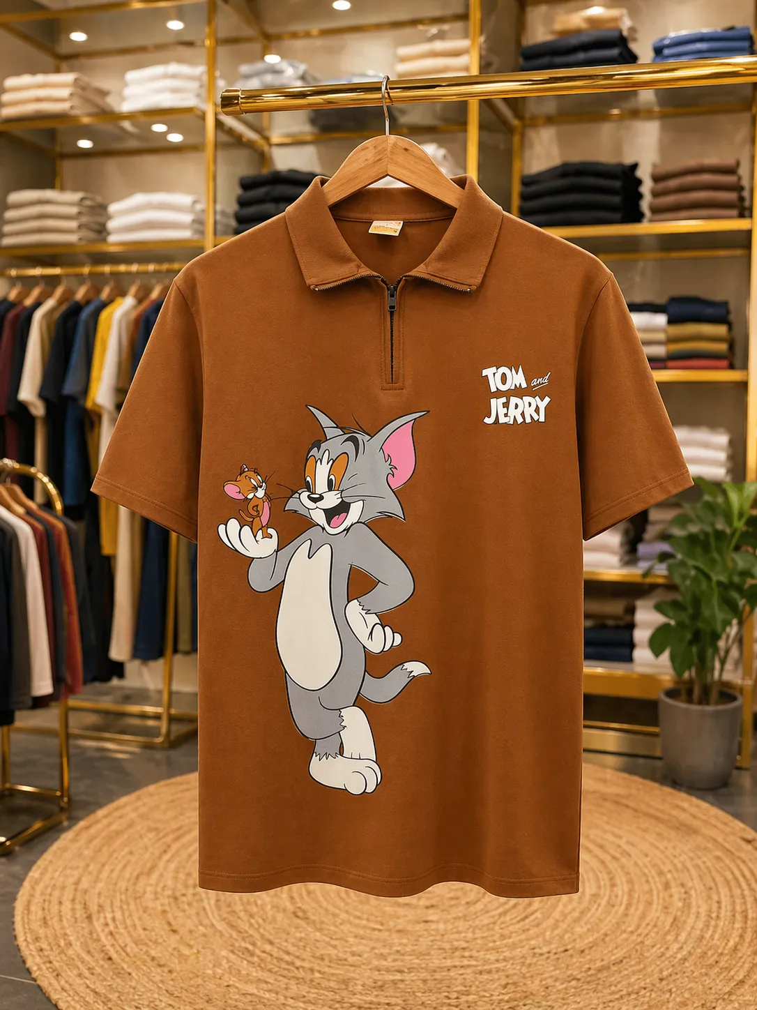Men’s Trendy Cartoon Printed Polo T-Shirt – Brown Tom & Jerry Print Half Sleeve Tee