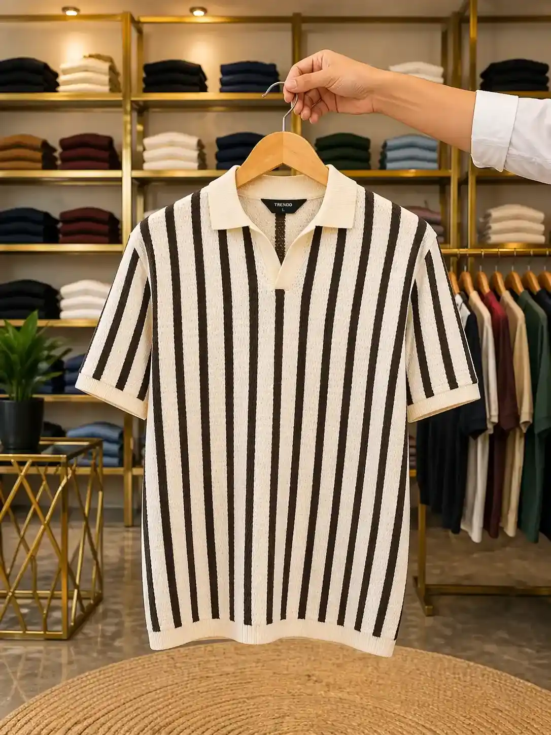 Men’s Premium Vertical Striped Polo T-Shirt – Cream & Brown Half Sleeve Tee
