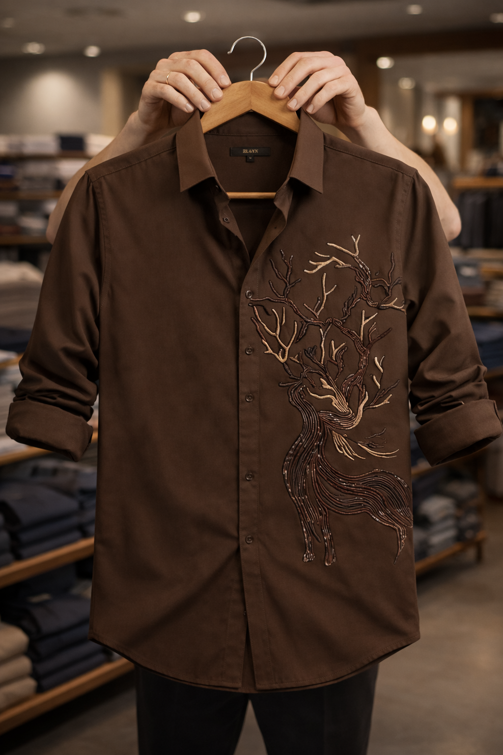 Men’s Designer Shirt – Artistic Deer Embroidered Casual Shirt