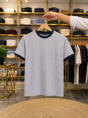 Men’s Stylish Striped T-Shirt – Grey Slim Fit Half Sleeve Tee