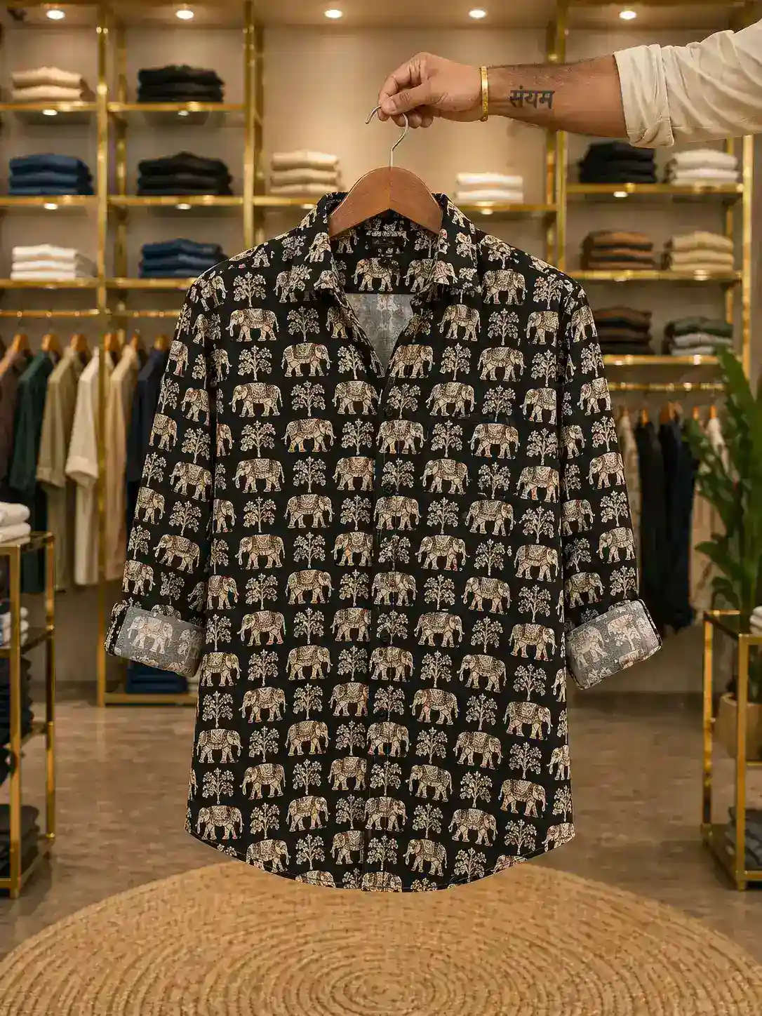 Men’s Stylish Elephant Print Shirt – Black Designer Full Sleeve Casual Shirt