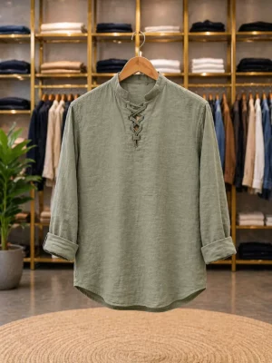 Men’s Stylish Lace-Up Henley T-Shirt – Olive Green Full Sleeve Casual Tee